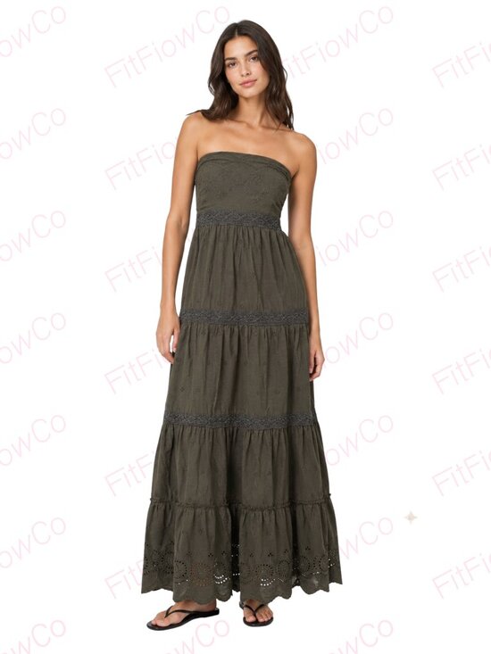 Charlotte Russe Dresses & Skirts - Charlotte Russe Olive Strapless Boho Eyelet Tiered Maxi Dress M Cotton